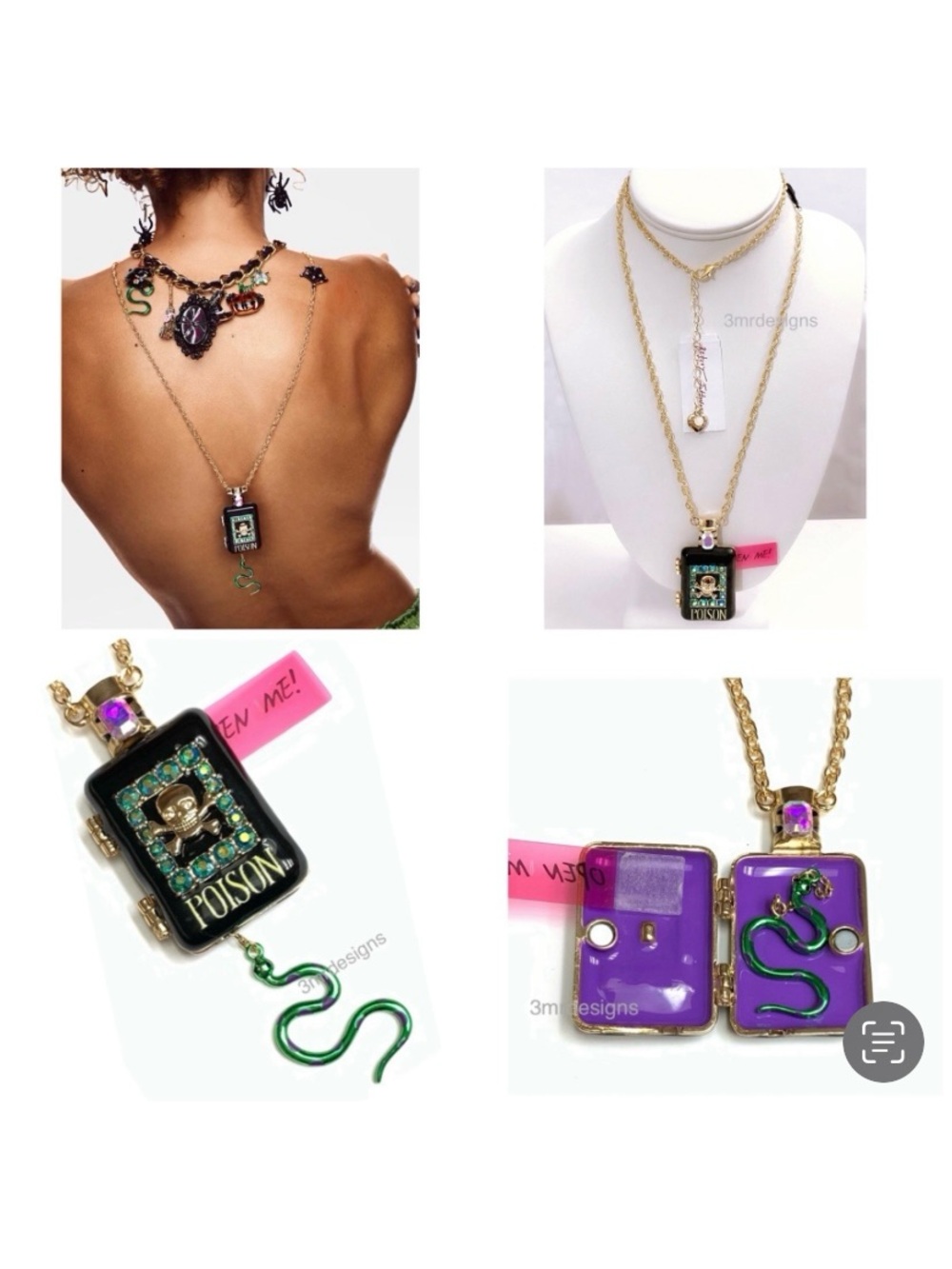 NWT Betsey Johnson 💋POISON BOTTLE Gold Tone Glass Crystals Locket Long Necklace